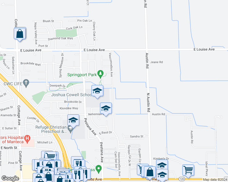 map of restaurants, bars, coffee shops, grocery stores, and more near 720 Vasconcellos Avenue in Manteca