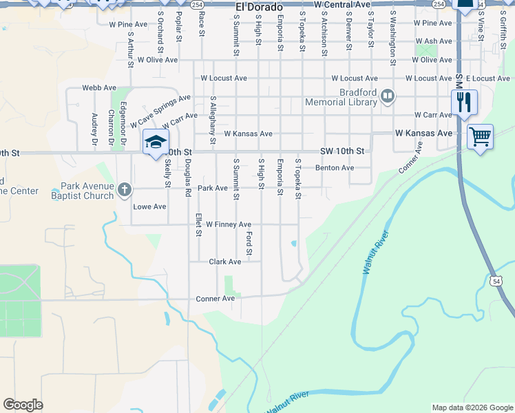 map of restaurants, bars, coffee shops, grocery stores, and more near 1129 South High Street in El Dorado