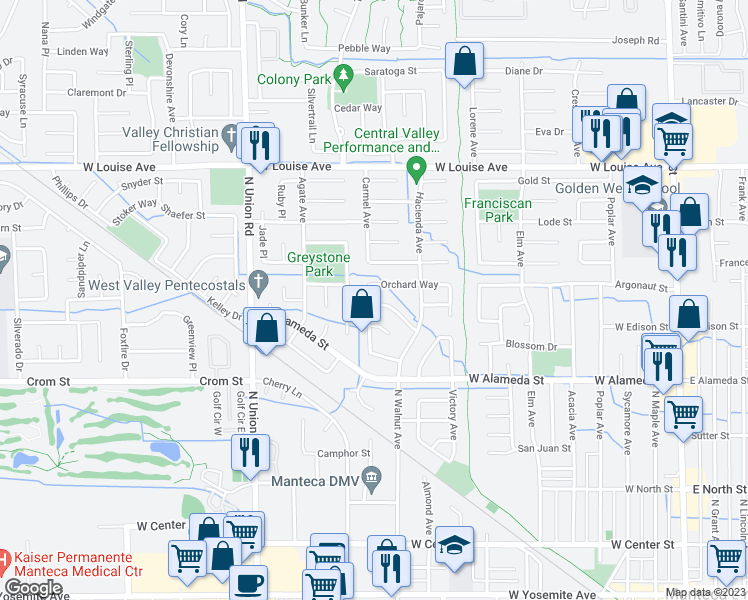 map of restaurants, bars, coffee shops, grocery stores, and more near 891 Graystone Way in Manteca