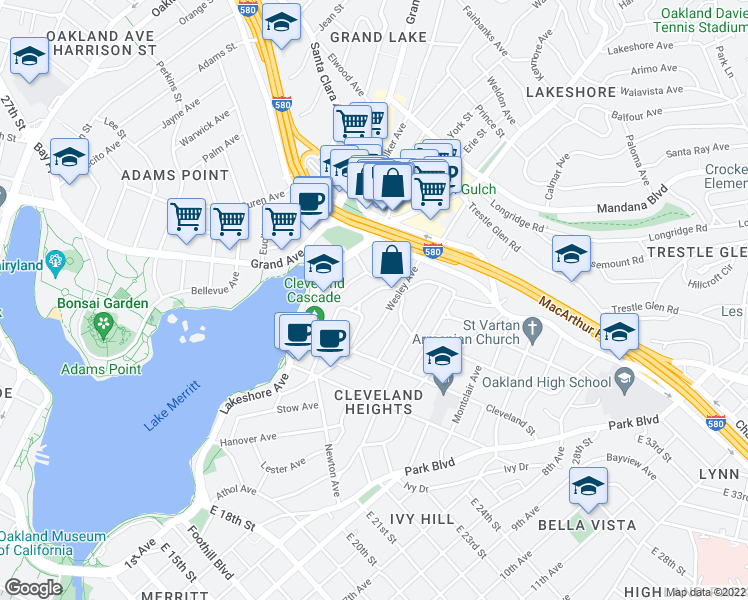 map of restaurants, bars, coffee shops, grocery stores, and more near 540 Merritt Avenue in Oakland