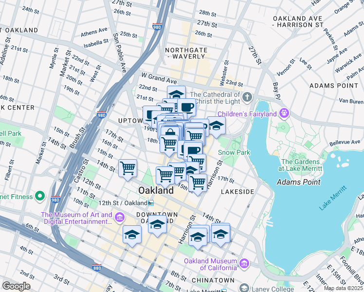 map of restaurants, bars, coffee shops, grocery stores, and more near in Oakland