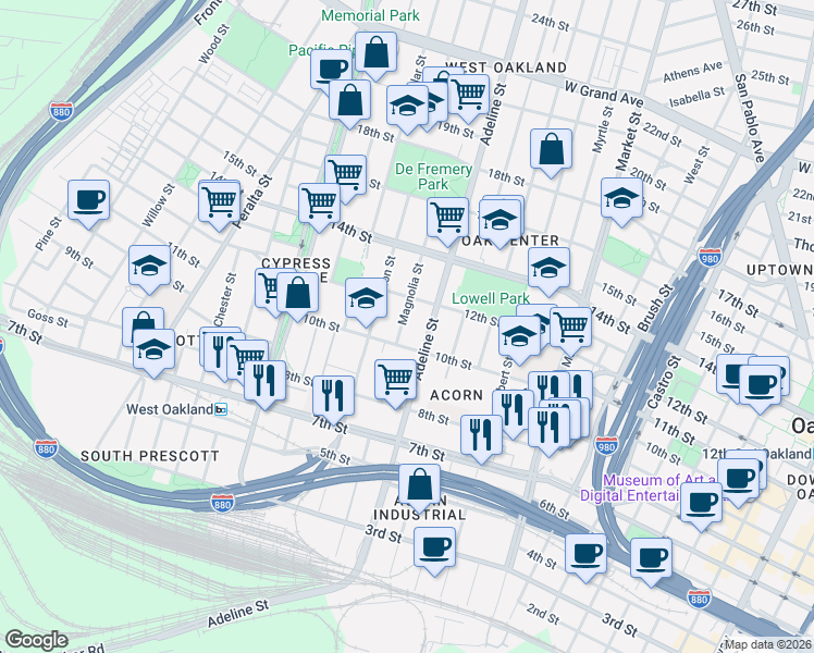 map of restaurants, bars, coffee shops, grocery stores, and more near 1032 Magnolia Street in Oakland