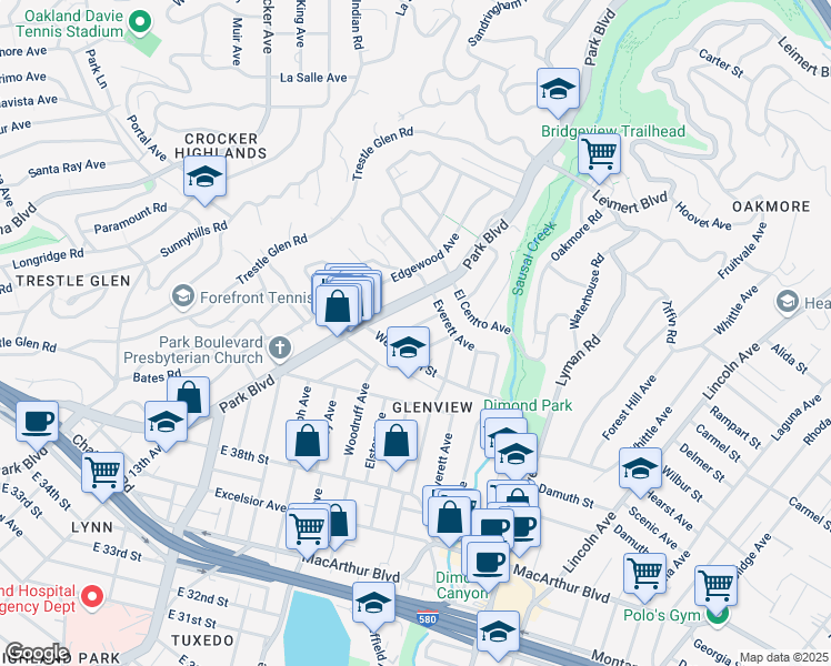 map of restaurants, bars, coffee shops, grocery stores, and more near 4404 Evans Avenue in Oakland