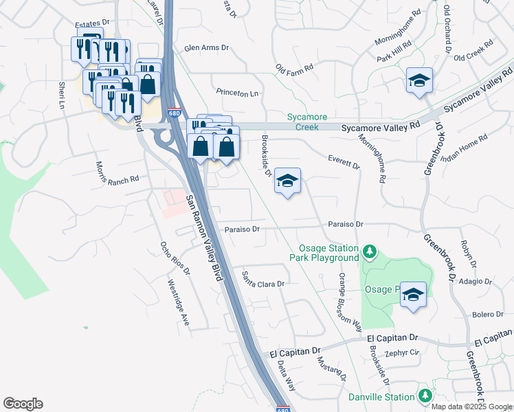 map of restaurants, bars, coffee shops, grocery stores, and more near 535 Sycamore Cir in Danville