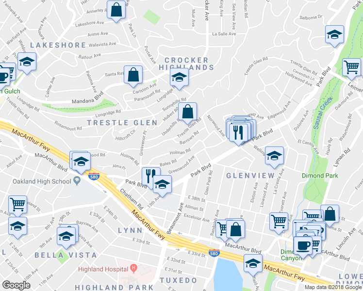 map of restaurants, bars, coffee shops, grocery stores, and more near 1349 Barrows Road in Oakland