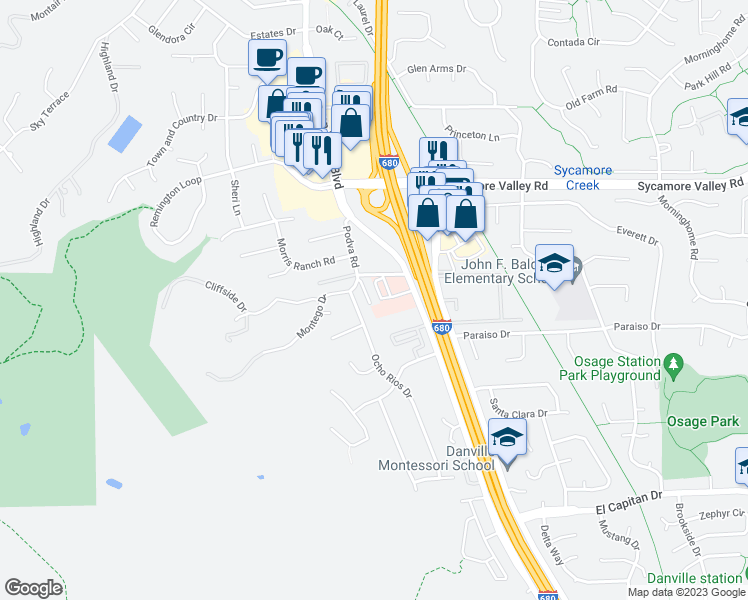 map of restaurants, bars, coffee shops, grocery stores, and more near 918 Podva Lane in Danville
