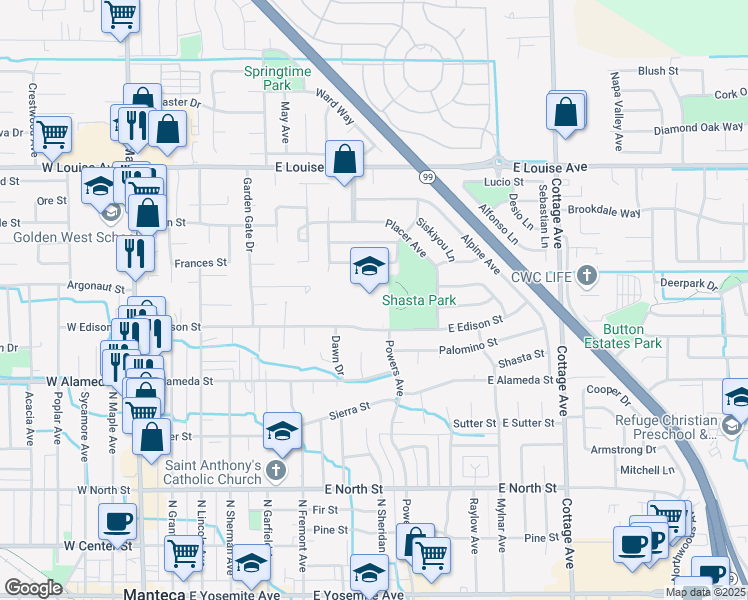 map of restaurants, bars, coffee shops, grocery stores, and more near 751 West Edison Street in Manteca