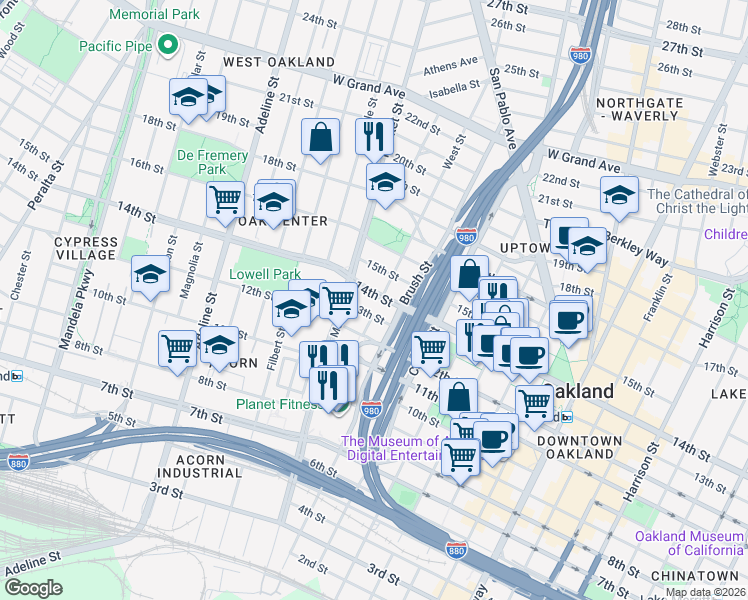 map of restaurants, bars, coffee shops, grocery stores, and more near 801 14th Street in Oakland