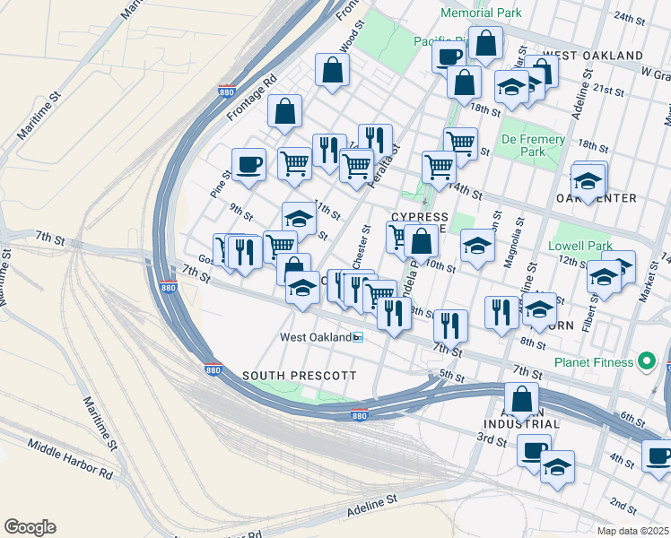 map of restaurants, bars, coffee shops, grocery stores, and more near 822 Henry Street in Oakland