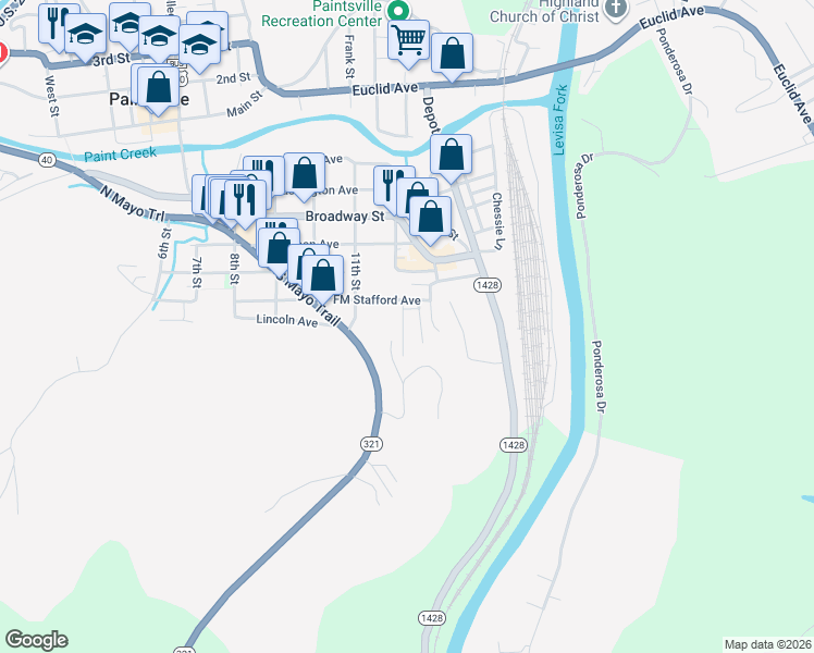 map of restaurants, bars, coffee shops, grocery stores, and more near Paradise Ct in Paintsville