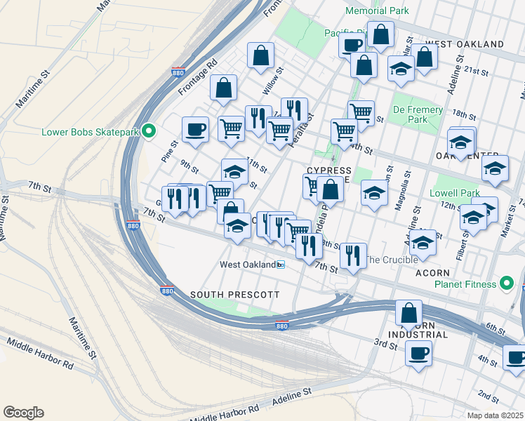 map of restaurants, bars, coffee shops, grocery stores, and more near 822 Henry Street in Oakland