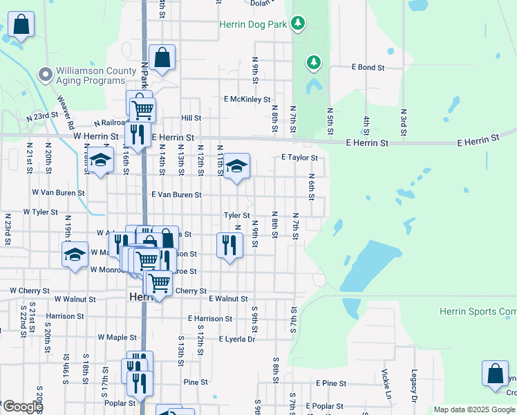 map of restaurants, bars, coffee shops, grocery stores, and more near 508 North 9th Street in Herrin
