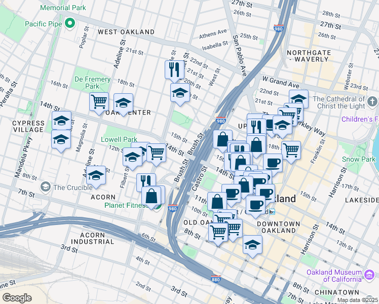 map of restaurants, bars, coffee shops, grocery stores, and more near 760 14th Street in Oakland