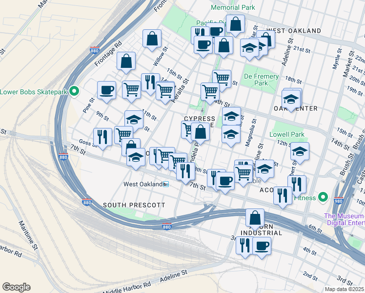 map of restaurants, bars, coffee shops, grocery stores, and more near 916 Center Street in Oakland