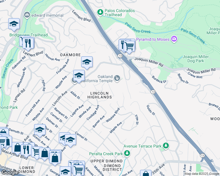 map of restaurants, bars, coffee shops, grocery stores, and more near 2 Coolidge Terrace in Oakland