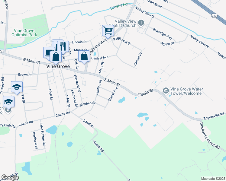 map of restaurants, bars, coffee shops, grocery stores, and more near 506 Saint Brigid Street in Vine Grove