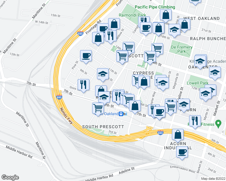 map of restaurants, bars, coffee shops, grocery stores, and more near 824 Henry Street in Oakland