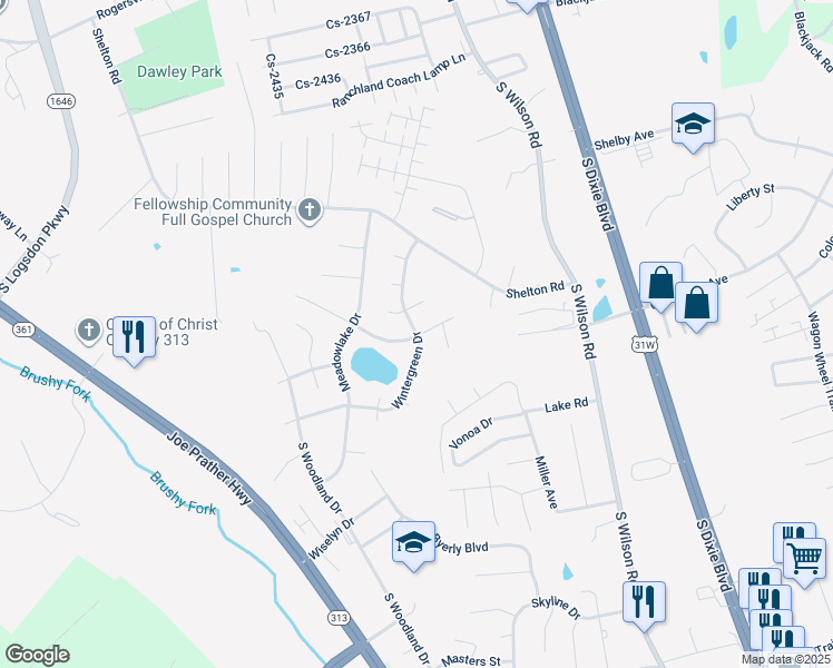 map of restaurants, bars, coffee shops, grocery stores, and more near 2635 Lake Rd N in Radcliff