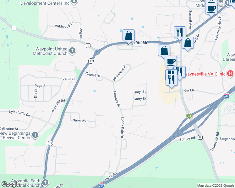 map of restaurants, bars, coffee shops, grocery stores, and more near 209 Frances Street in Waynesville
