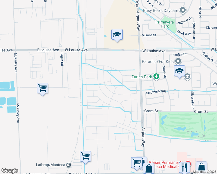 map of restaurants, bars, coffee shops, grocery stores, and more near 697 Airport Way in Manteca
