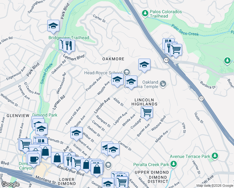 map of restaurants, bars, coffee shops, grocery stores, and more near 21 Alida Court in Oakland