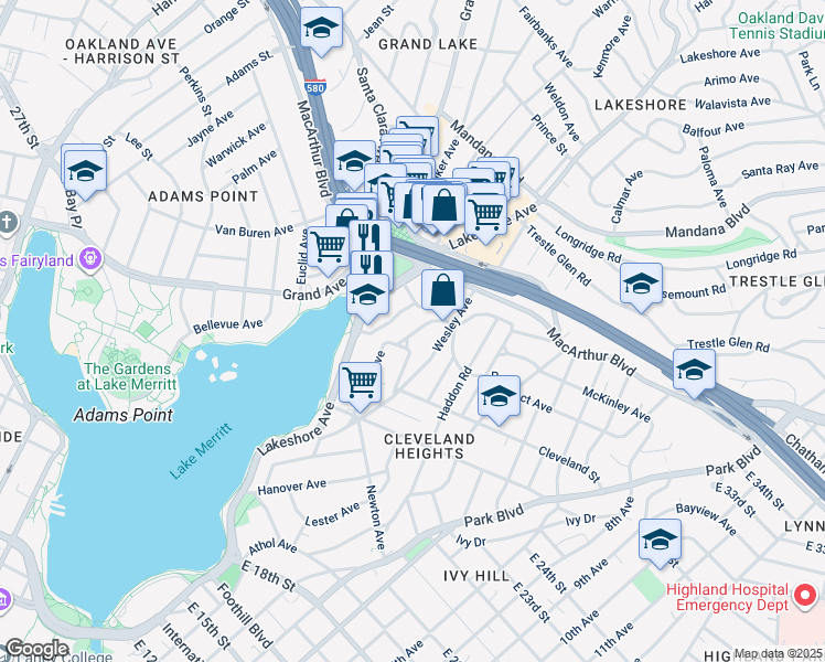 map of restaurants, bars, coffee shops, grocery stores, and more near 540 Merritt Avenue in Oakland