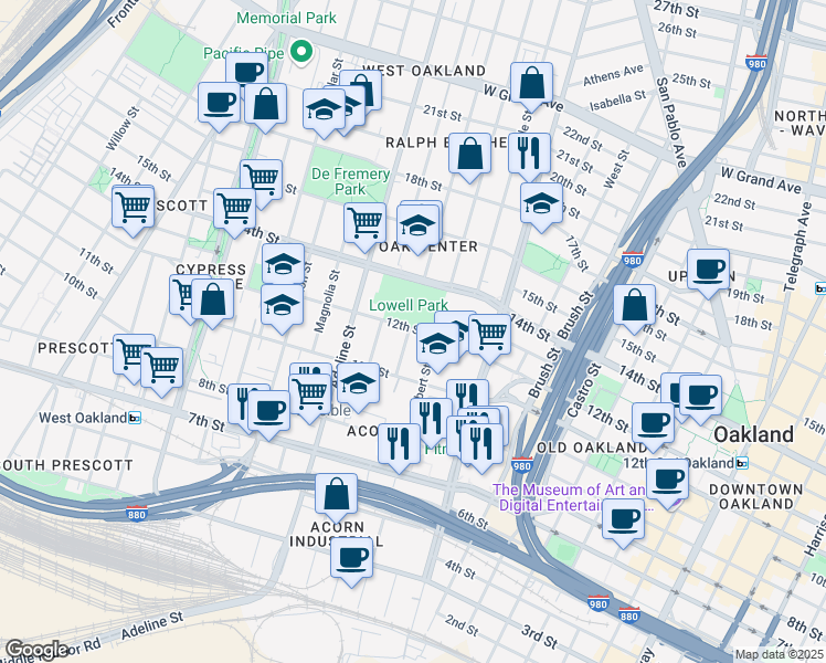 map of restaurants, bars, coffee shops, grocery stores, and more near 1035 12th Street in Oakland