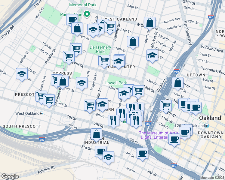 map of restaurants, bars, coffee shops, grocery stores, and more near 1035 12th Street in Oakland