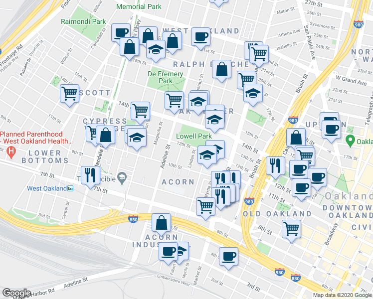 map of restaurants, bars, coffee shops, grocery stores, and more near 1035 12th Street in Oakland