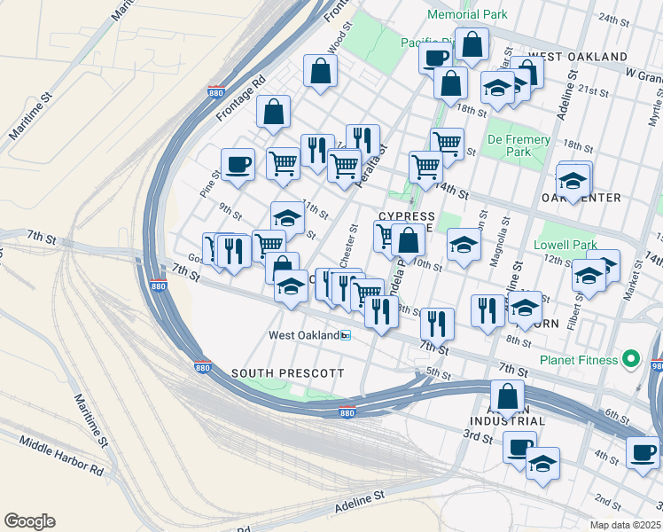 map of restaurants, bars, coffee shops, grocery stores, and more near 824 Henry Street in Oakland
