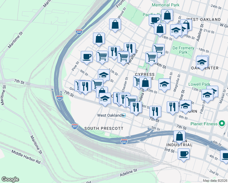 map of restaurants, bars, coffee shops, grocery stores, and more near 824 Henry Street in Oakland