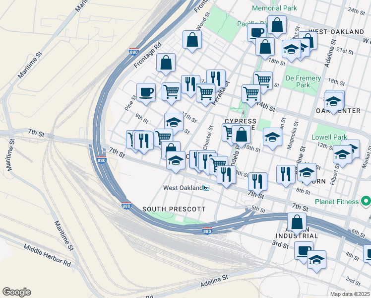 map of restaurants, bars, coffee shops, grocery stores, and more near 824 Henry Street in Oakland