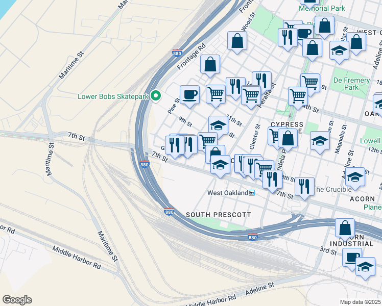 map of restaurants, bars, coffee shops, grocery stores, and more near 1717 8th Street in Oakland