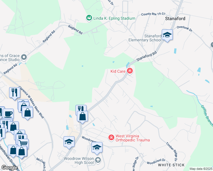 map of restaurants, bars, coffee shops, grocery stores, and more near 115 Chesla Lane in Beckley