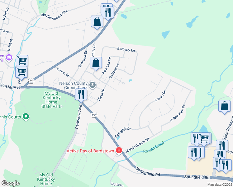 map of restaurants, bars, coffee shops, grocery stores, and more near 207 Honeysuckle Lane in Bardstown