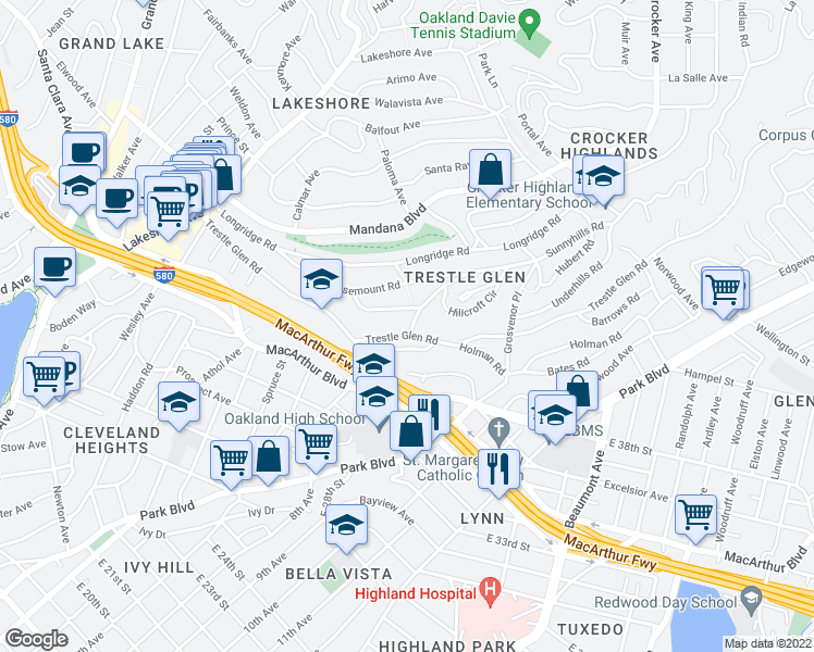 map of restaurants, bars, coffee shops, grocery stores, and more near 856 Sunnyhills Rd in Oakland