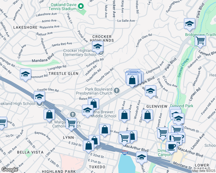 map of restaurants, bars, coffee shops, grocery stores, and more near 1411 Holman Road in Oakland