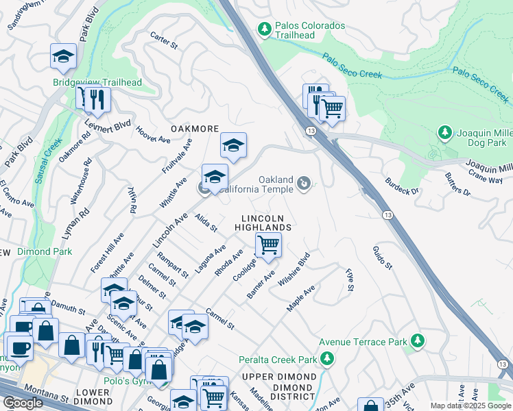 map of restaurants, bars, coffee shops, grocery stores, and more near 2550 Charleston Street in Oakland