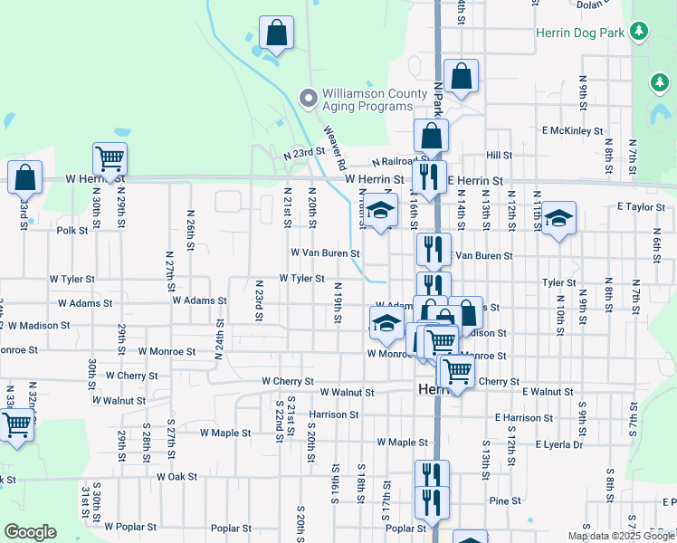 map of restaurants, bars, coffee shops, grocery stores, and more near 505 North 19th Street in Herrin