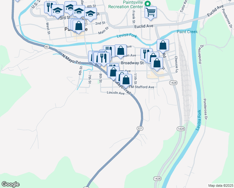 map of restaurants, bars, coffee shops, grocery stores, and more near 150 Lincoln Avenue in Paintsville