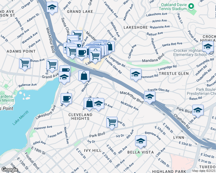 map of restaurants, bars, coffee shops, grocery stores, and more near 730 Hillgirt Circle in Oakland