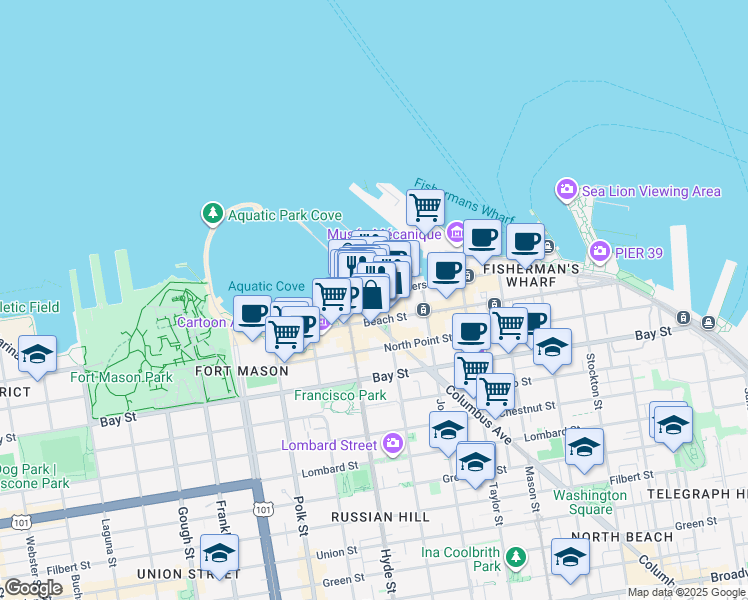 map of restaurants, bars, coffee shops, grocery stores, and more near 455 Jefferson Street in San Francisco