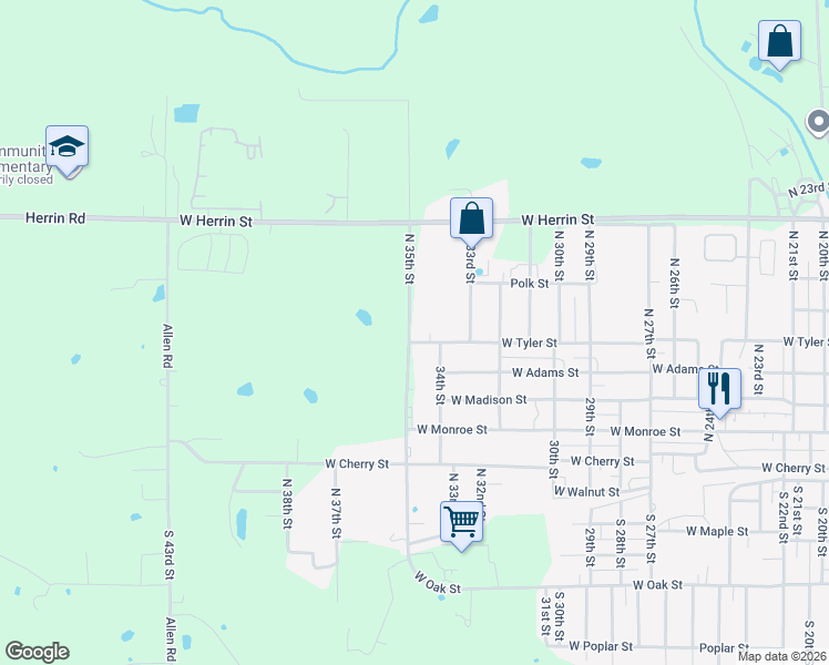 map of restaurants, bars, coffee shops, grocery stores, and more near 2039 West Tyler Street in Herrin