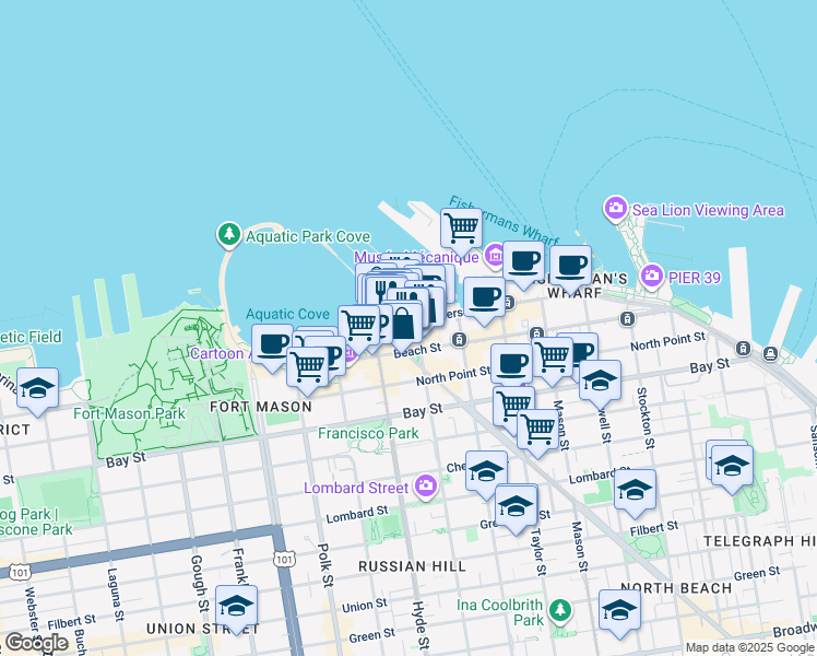 map of restaurants, bars, coffee shops, grocery stores, and more near 455 Jefferson Street in San Francisco
