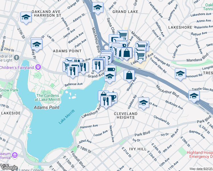 map of restaurants, bars, coffee shops, grocery stores, and more near Lakeshore Ave & Boden Way in Oakland