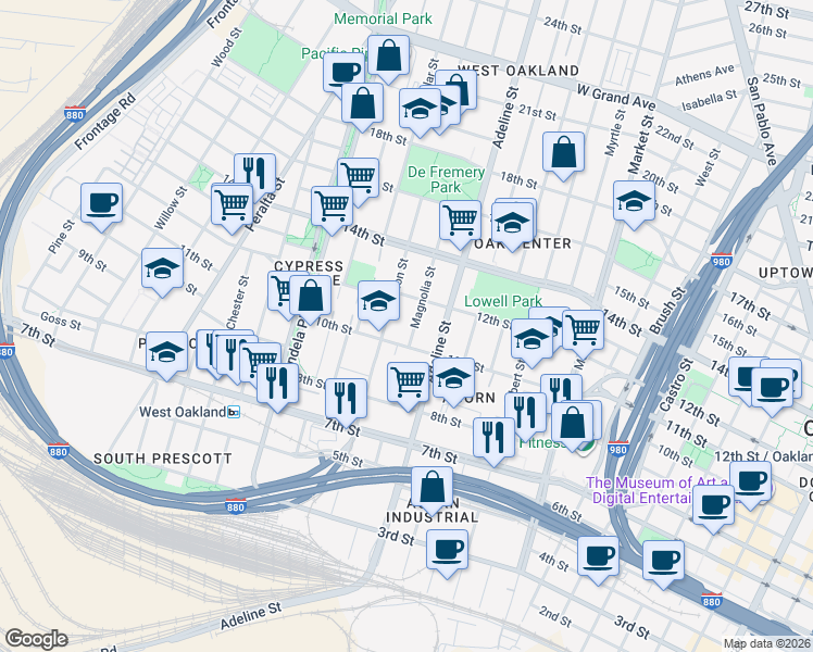 map of restaurants, bars, coffee shops, grocery stores, and more near 1033 Magnolia Street in Oakland
