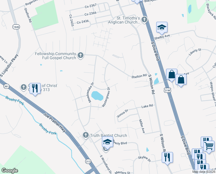 map of restaurants, bars, coffee shops, grocery stores, and more near 136 Wintergreen Drive in Radcliff