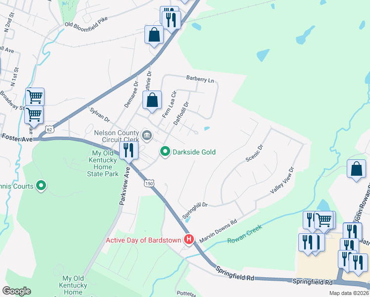 map of restaurants, bars, coffee shops, grocery stores, and more near 207 Honeysuckle Lane in Bardstown