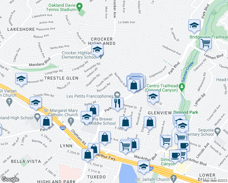 map of restaurants, bars, coffee shops, grocery stores, and more near 1126 Hampel Street in Oakland