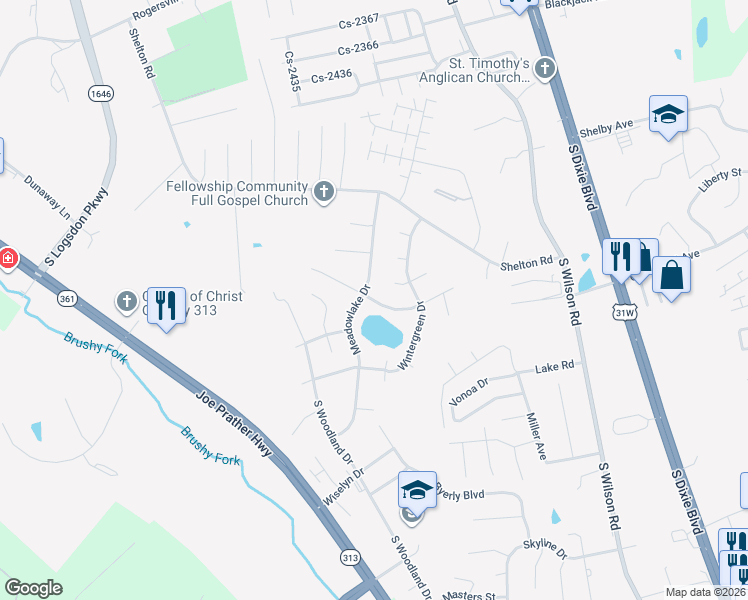 map of restaurants, bars, coffee shops, grocery stores, and more near 2649 Lake Road North in Radcliff